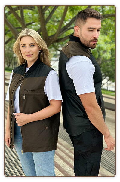 Man and woman model wearing vest