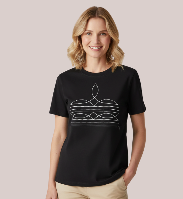 Woman wearing a black short-sleeve customizable maternity and nursing t-shirt with a discreet front zipper for breastfeeding access and white custom embroidered stitching detail.