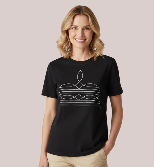 Woman wearing a black short-sleeve customizable maternity and nursing t-shirt with a discreet front zipper for breastfeeding access and white custom embroidered stitching detail.