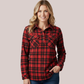 Woman wearing a classic red and black chequered flannel long-sleeve shirt with a collar, three-button placket, two pockets, and available for custom embroidery.