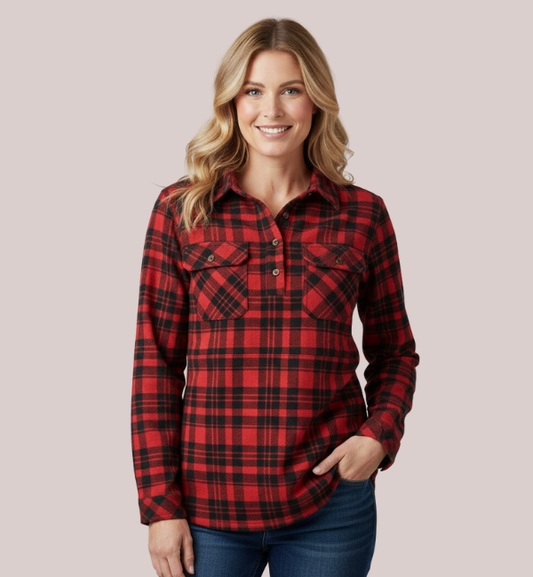 Woman wearing a classic red and black chequered flannel long-sleeve shirt with a collar, three-button placket, two pockets, and available for custom embroidery.